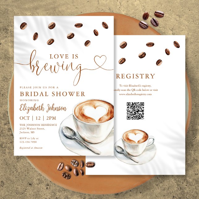 Invitación Boda de Código QR de Café Love Is Brewing (Love Is Brewing Coffee QR Code Bridal Shower Invitation)