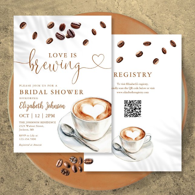 Invitación Boda de Código QR de Café Love Is Brewing (Love Is Brewing Coffee QR Code Bridal Shower Invitation)