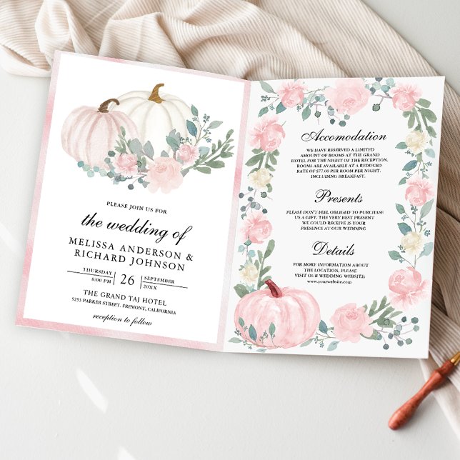 Invitación Boda de código QR de calabaza floral rosa rubor (Subido por el creador)