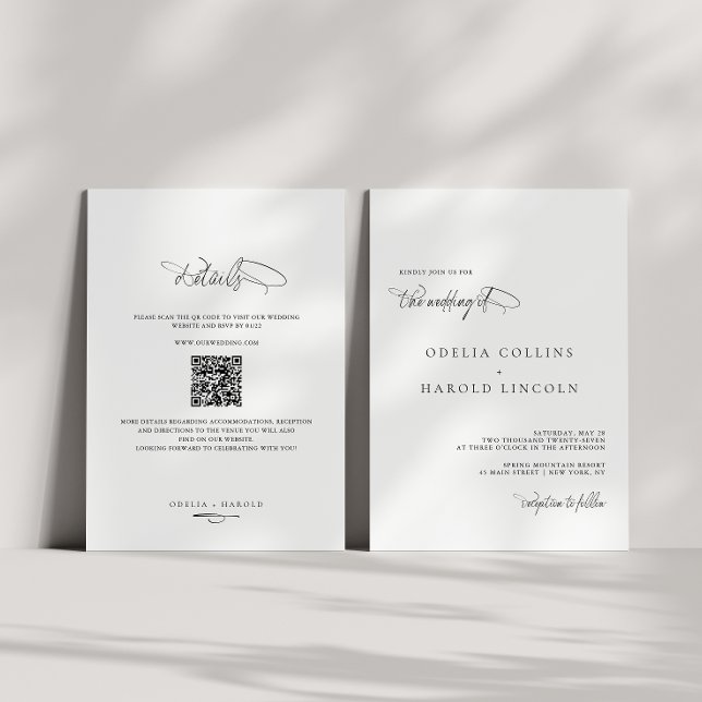 Invitación Boda de código QR de caligrafía blanca negra minim (Subido por el creador)