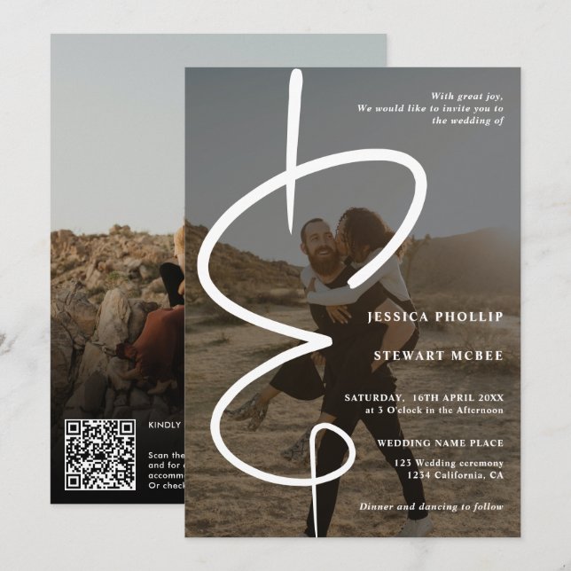 Invitación Boda de código Qr de caligrafía fotográfica de Amp (Anverso / Reverso)