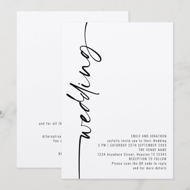 Invitación Boda de código QR de caligrafía moderna (Anverso / Reverso)