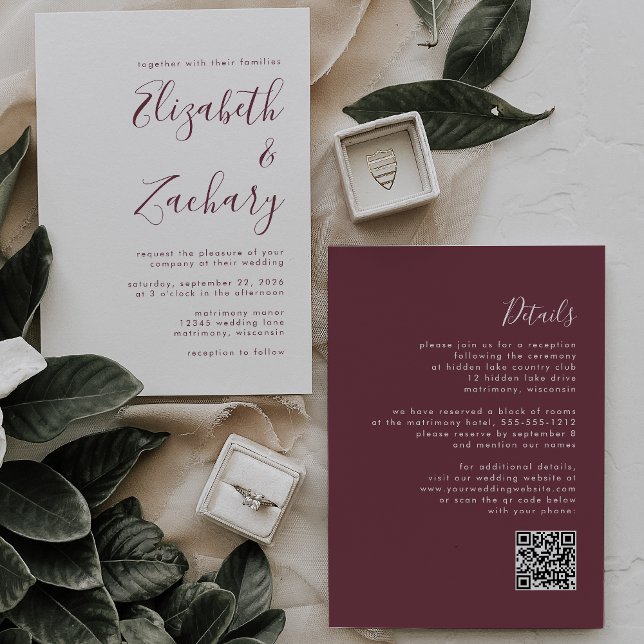 Invitación Boda de código QR de caligrafía moderna de Borgoña (Subido por el creador)