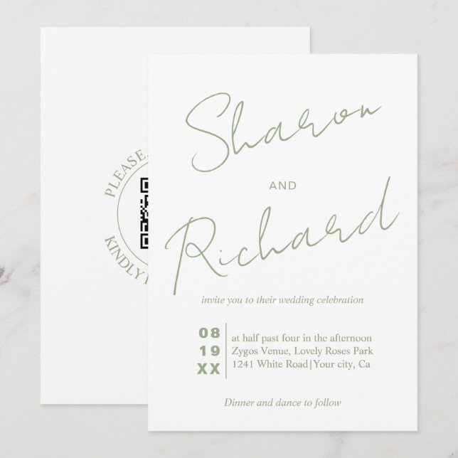 Invitación Boda de código QR de caligrafía verde sage moderna (Anverso / Reverso)