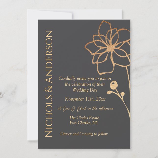 Invitación Boda de código QR de carbón fotográfico y oro (Anverso)