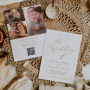 Invitación Boda de código QR de Collage de fotos de oro Delic