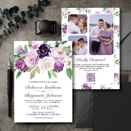 Invitación Boda de código QR de Collage de fotos floral púrpu