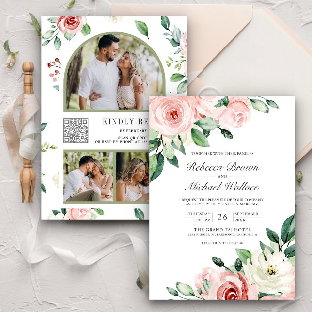 Invitación Boda de código QR de collage de fotos florales de  (Subido por el creador)