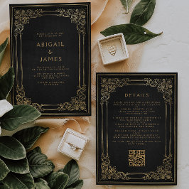 Invitación Boda de código QR de color negro de marco vintage