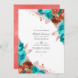 Invitación Boda de código QR de color turquesa y coral