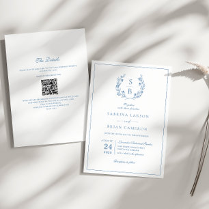 Invitación Boda de código QR de corona de monograma azul real