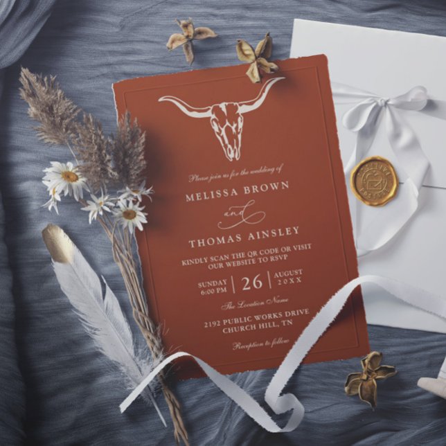 Invitación Boda de código QR de cráneo de vaca bohemio simple (Subido por el creador)