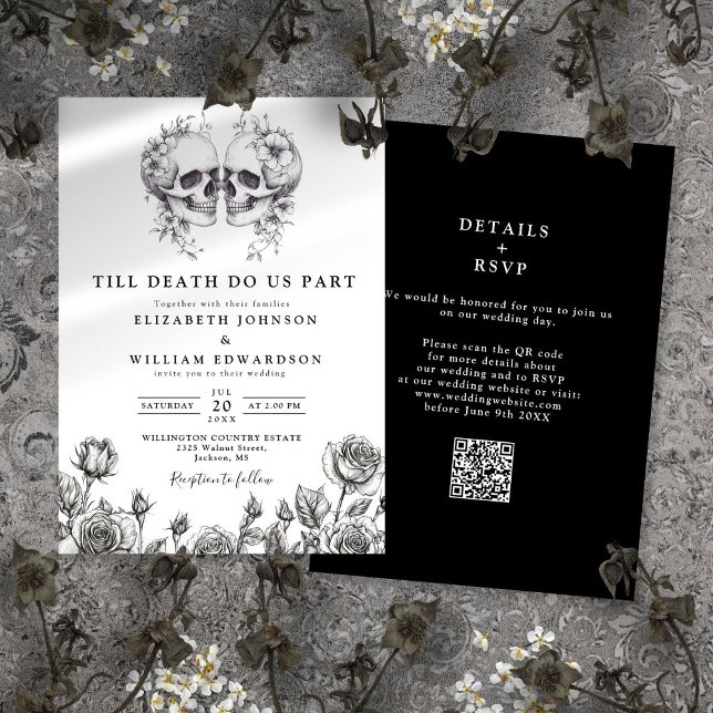 Invitación Boda de código QR de cráneo gótico hasta la muerte (All In One Till Death Gothic Skull QR Code Wedding Invitation)