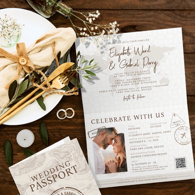 Invitación Boda de código Qr de destino de Passport Boho (Subido por el creador)