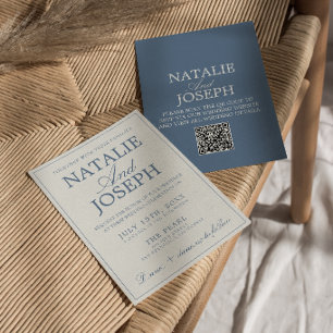 Invitación Boda de código QR de dinero antiguo azul y blanco