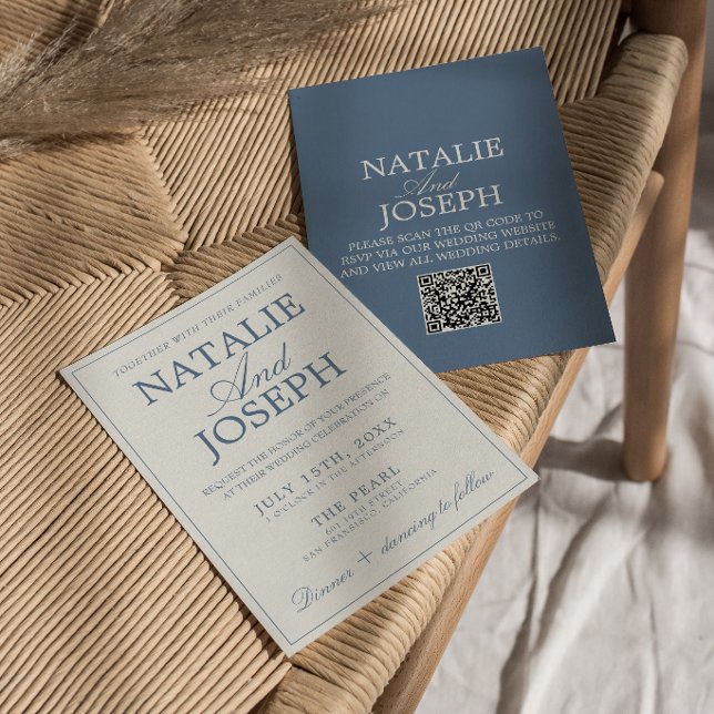 Invitación Boda de código QR de dinero antiguo azul y blanco  (Subido por el creador)