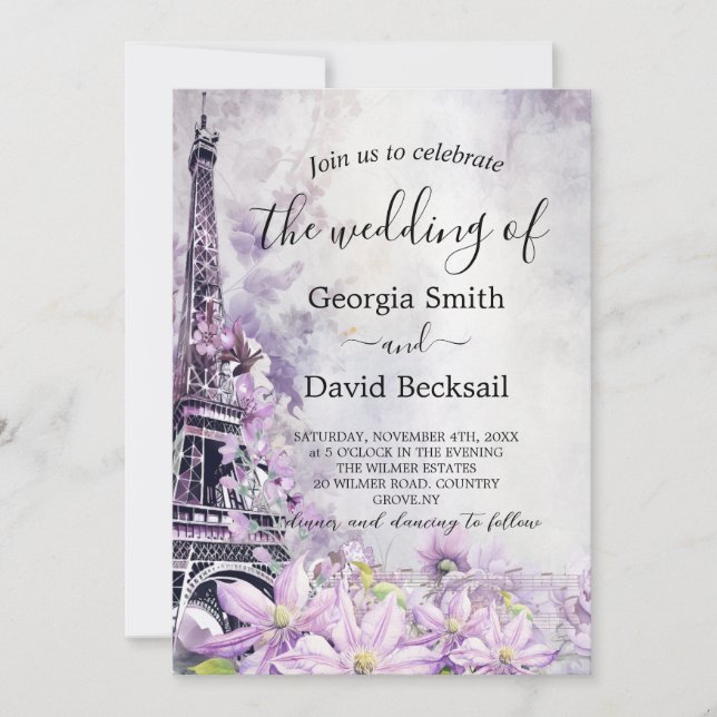 Invitación Boda de código QR de Eiffel Tower Lavender Romance (Anverso)