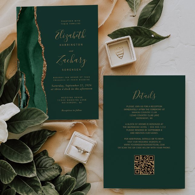 Invitación Boda de código QR de Emerald Green Gold Agate (Subido por el creador)