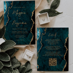 Invitación Boda de código QR de escritura de ágata azul teal 