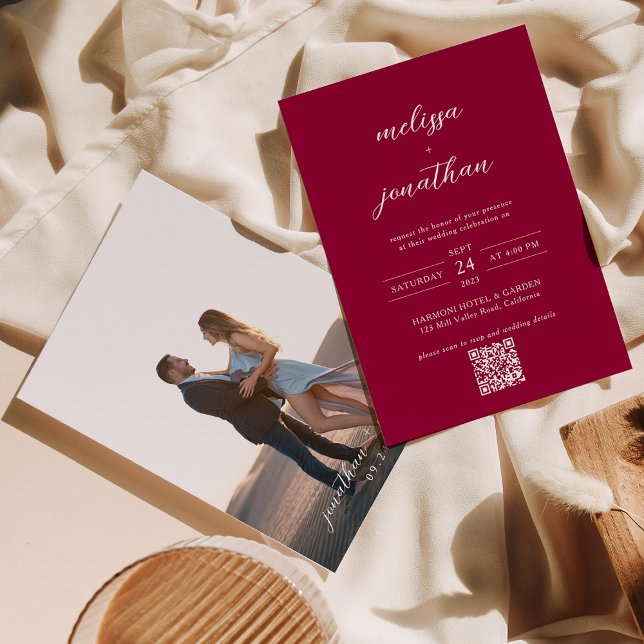 Invitación Boda de código QR de escritura de foto roja magent (Subido por el creador)