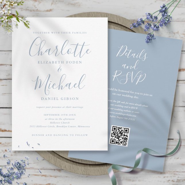 Invitación Boda de código QR de escritura elegante azul polvo (Dusty Blue Elegant Script QR Code Wedding Invitation)