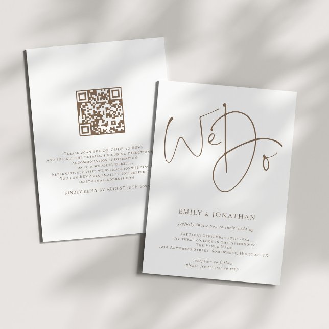 Invitación Boda de código QR de escritura marrón moderna (Front and back view)