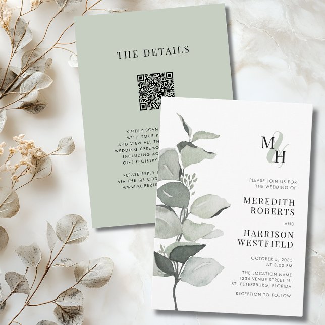 Invitación Boda de código QR de Eucalyptus Ampersand Monogram (Eucalyptus Ampersand Monogram QR Code Wedding Invitation)
