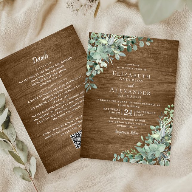 Invitación Boda de código QR de Eucalyptus Greenery Rustic Wo (Subido por el creador)