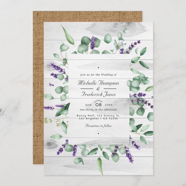 Invitación Boda de código QR de Eucalyptus Lavender Rustic Co (Anverso / Reverso)