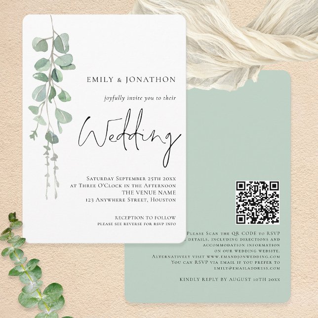 Invitación Boda de código QR de Eucalyptus moderno (Round corners - choose from 6 corner/edge different styles)