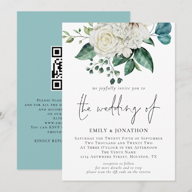 Invitación Boda de código QR de Eucalyptus White Florals (Anverso / Reverso)
