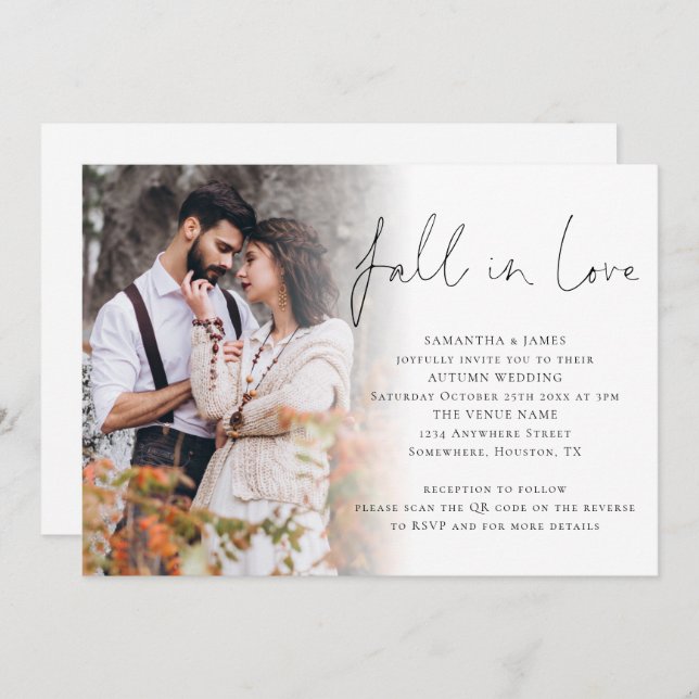 Invitación Boda de código QR de Fall In Love Script (Anverso / Reverso)