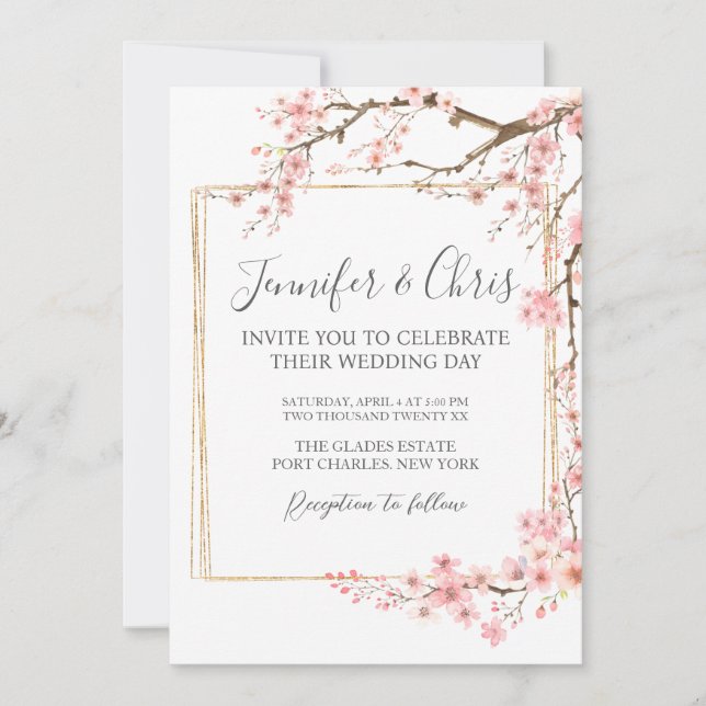 Invitación Boda de código QR de Flauta de cerezo elegante fot (Anverso)