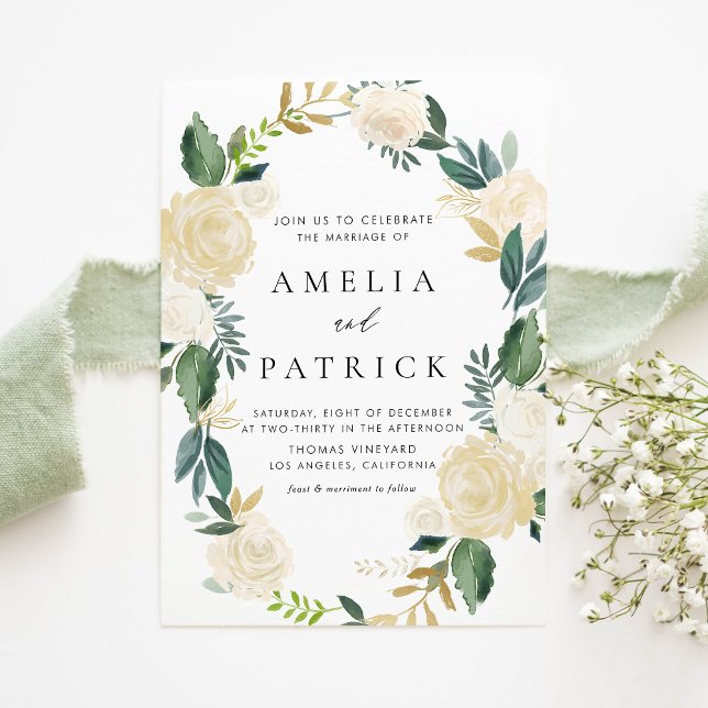Invitación Boda de código QR de flor de crema acolchada román (Romantic QR code wedding invitation with ivory floral wreath, greenery, and faux gold foil accents.)