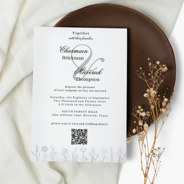 Invitación Boda de código Qr de flor dibujado de mano negra y (Subido por el creador)