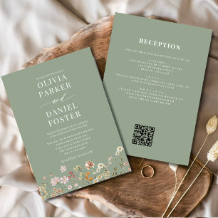 Invitación Boda de código QR de Flor salvaje verde salvaje to