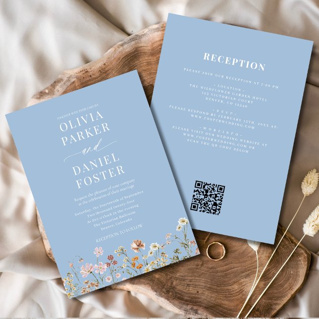 Invitación Boda de código QR de flor silvestre azul turquesa (Subido por el creador)