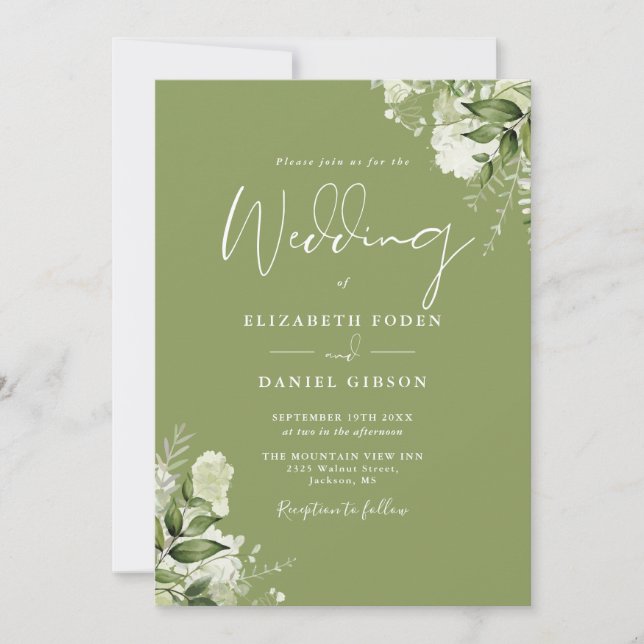 Invitación Boda de código QR de flora verde musgo (Anverso)