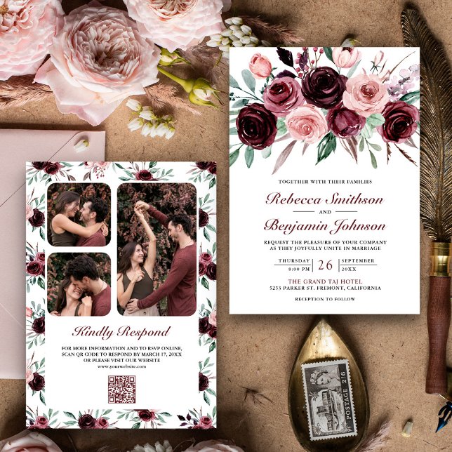 Invitación Boda de código QR de floral de borgoña rosa y turb (Subido por el creador)