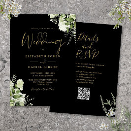 Invitación Boda de código QR de Floral Floral de Verdor Negro