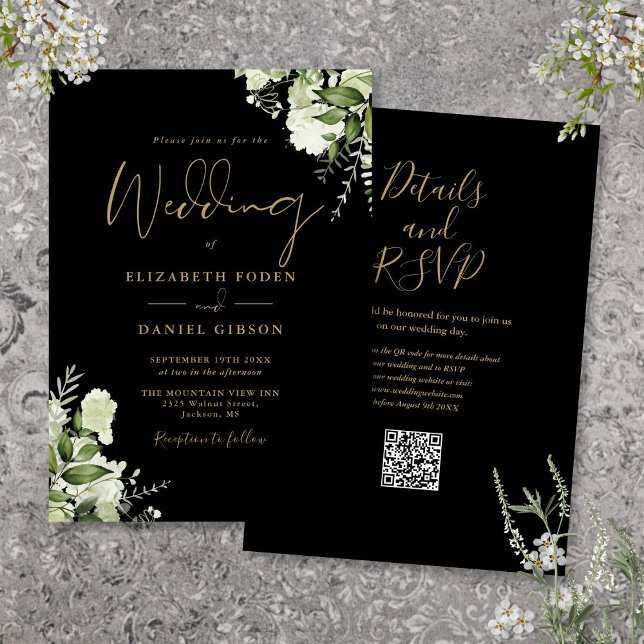 Invitación Boda de código QR de Floral Floral de Verdor Negro (Black And Gold Greenery Floral QR Code Wedding Invitation)