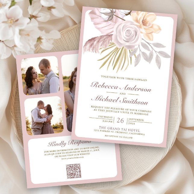 Invitación Boda de código QR de floral rosa con Rosa agitado  (Subido por el creador)