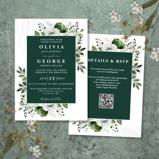 Invitación Boda de código QR de floral verde esmeralda (Emerald Green Rustic Floral QR Code Wedding Invitation)