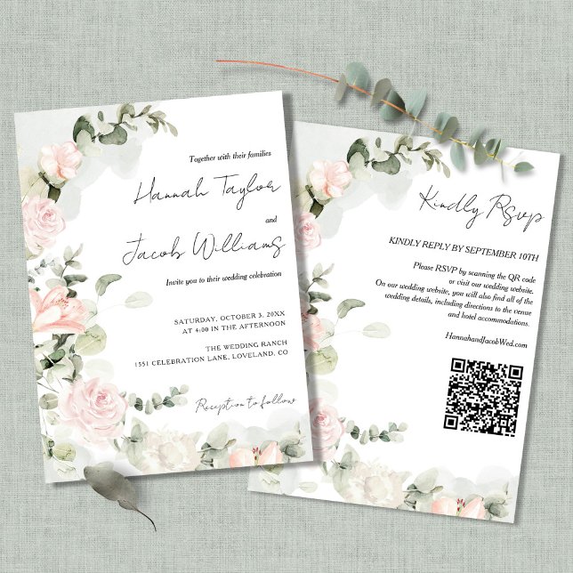 Invitación Boda de código QR de floral verde rosa y sabio (Subido por el creador)