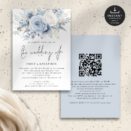 Invitación Boda de código QR de Florals Blue Dusty Modern