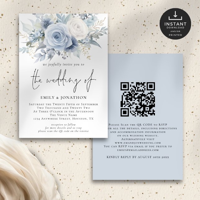 Invitación Boda de código QR de Florals Blue Dusty Modern (Front and back view)