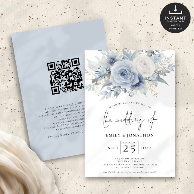 Invitación Boda de código QR de Florals Blue Dusty Modern (Front and back view)