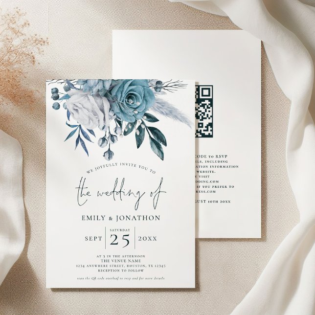 Invitación Boda de código QR de Florals Blue Modern (Front and back view)