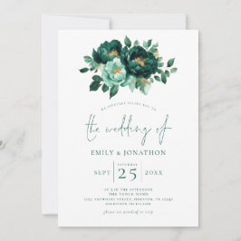 Invitación Boda de código QR de Florals de oro verde esmerald