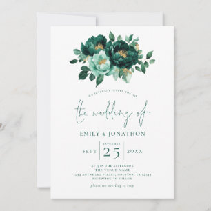 Invitación Boda de código QR de Florals de oro verde esmerald